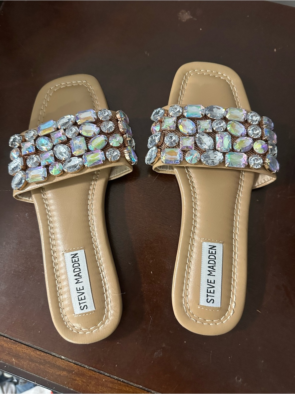 Steve Madden Tan Jeweled Slide Sandals with Iridescent Crystals